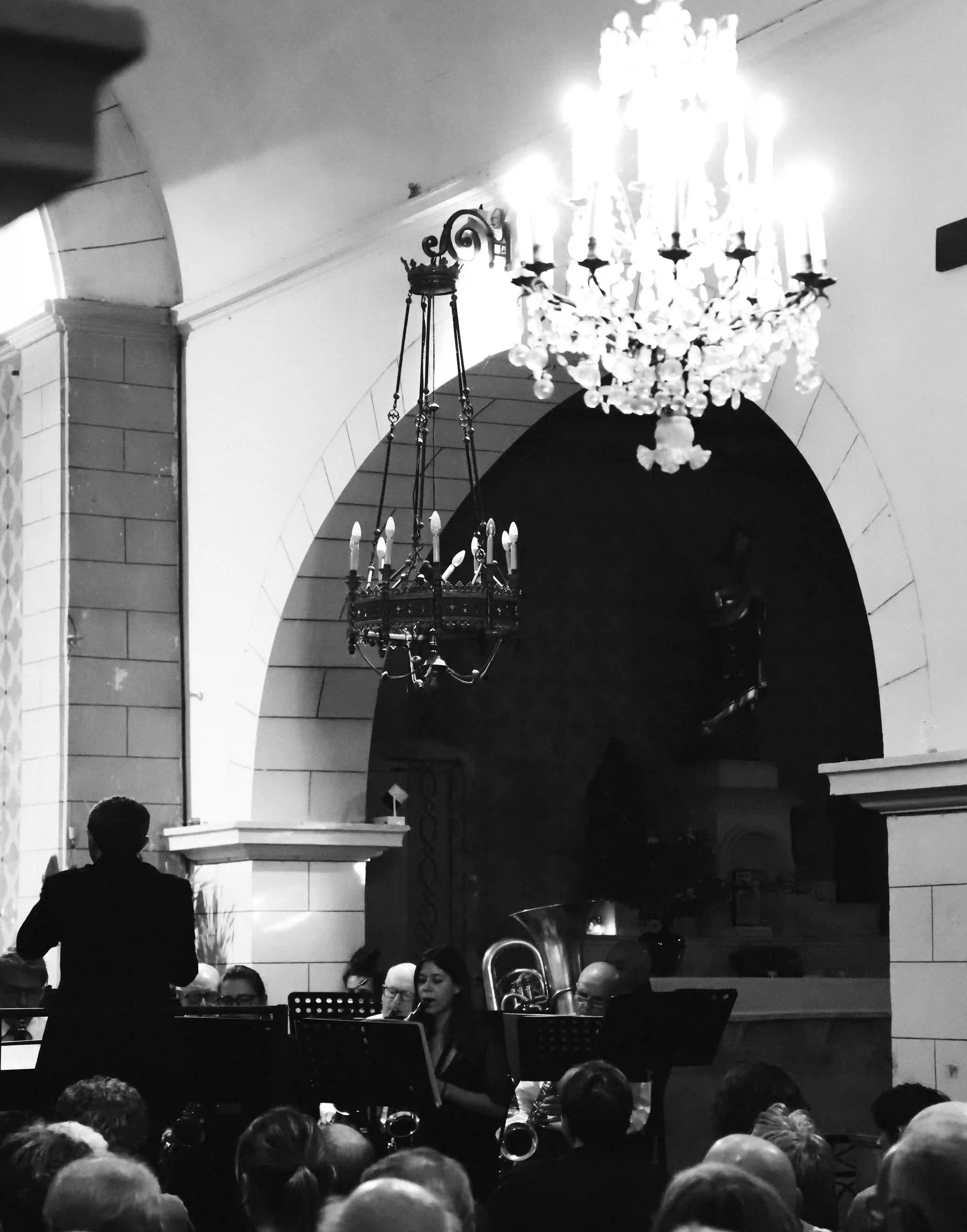 Le public ainsi que Thierry Bordenave, de dos, face aux musiciens