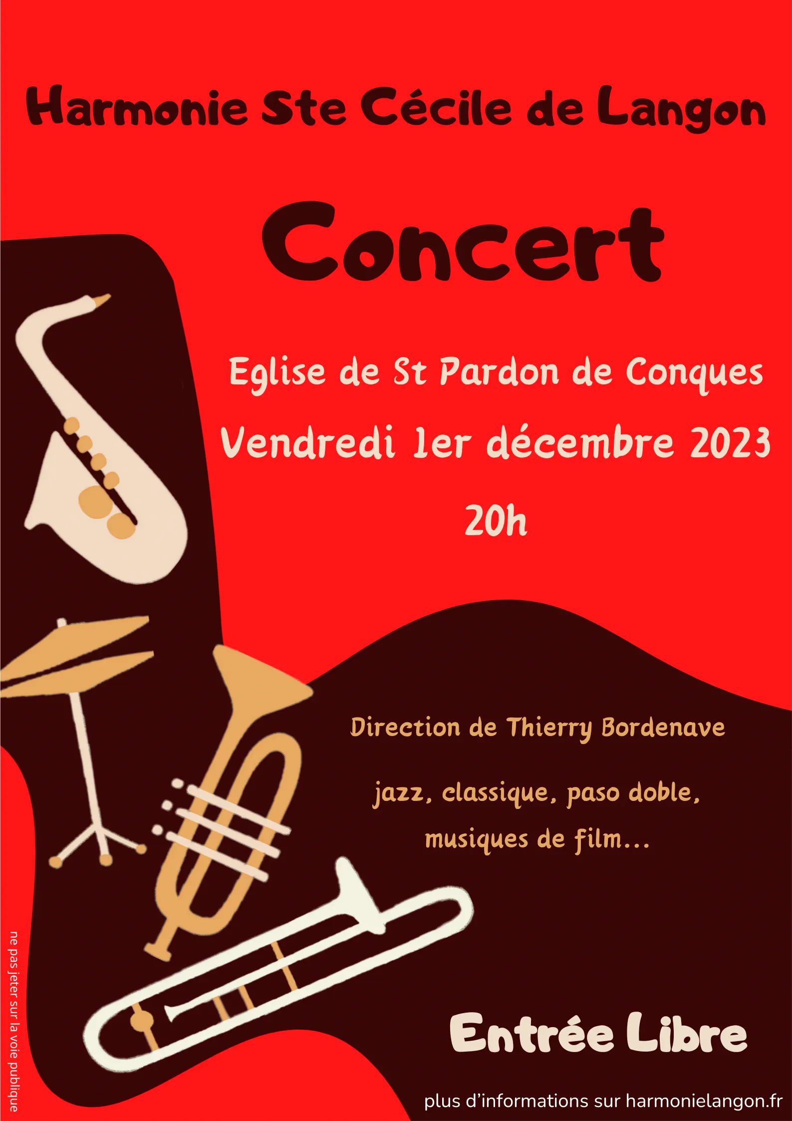 Flyer du concert de la Sainte Cécile en décembre 2023 à l'Eglise de Saint-Pardon-de-Conques.