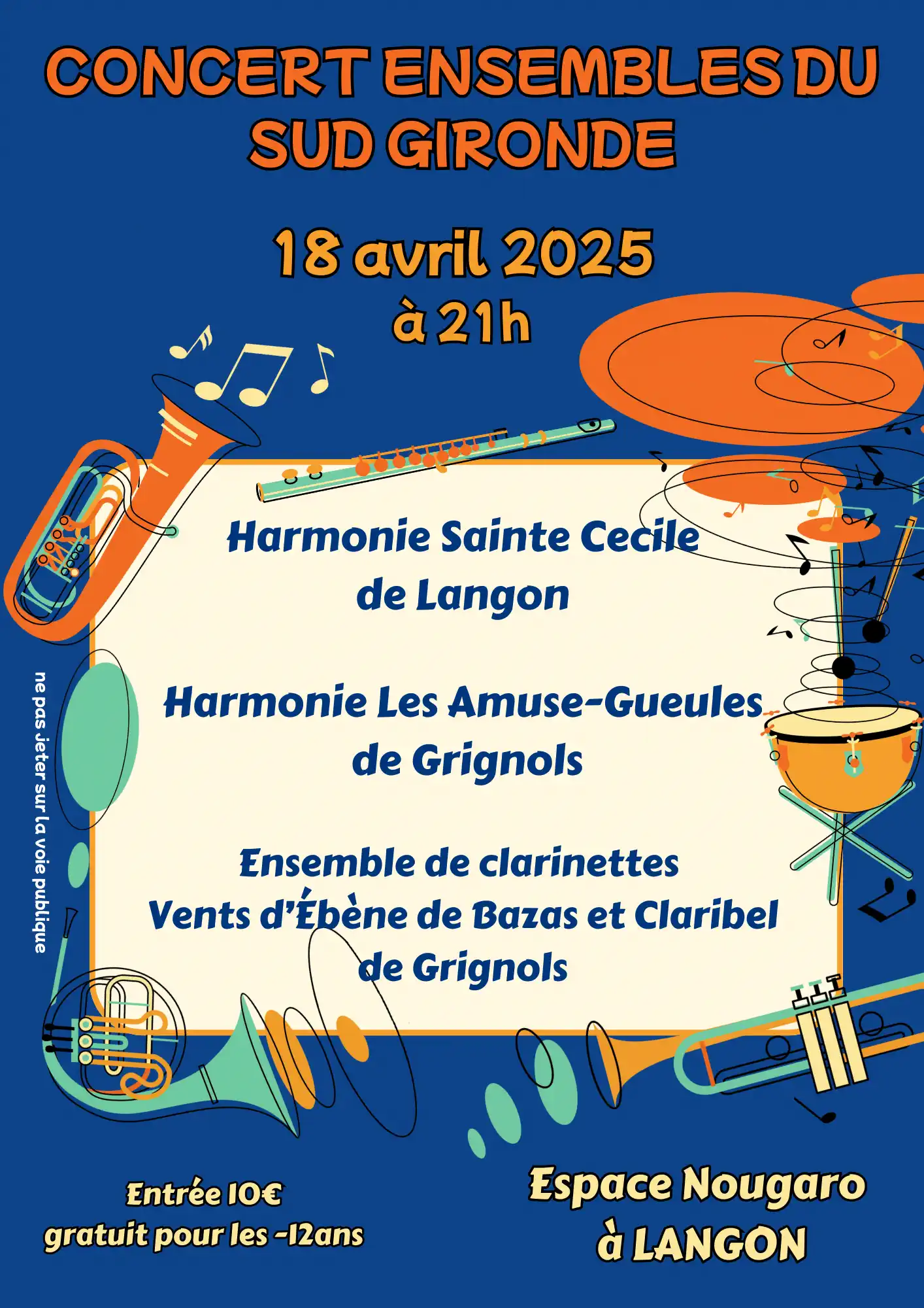 Affiche colorée avec instruments pour le concert Ensembles du Sud Gironde (avril 2025)