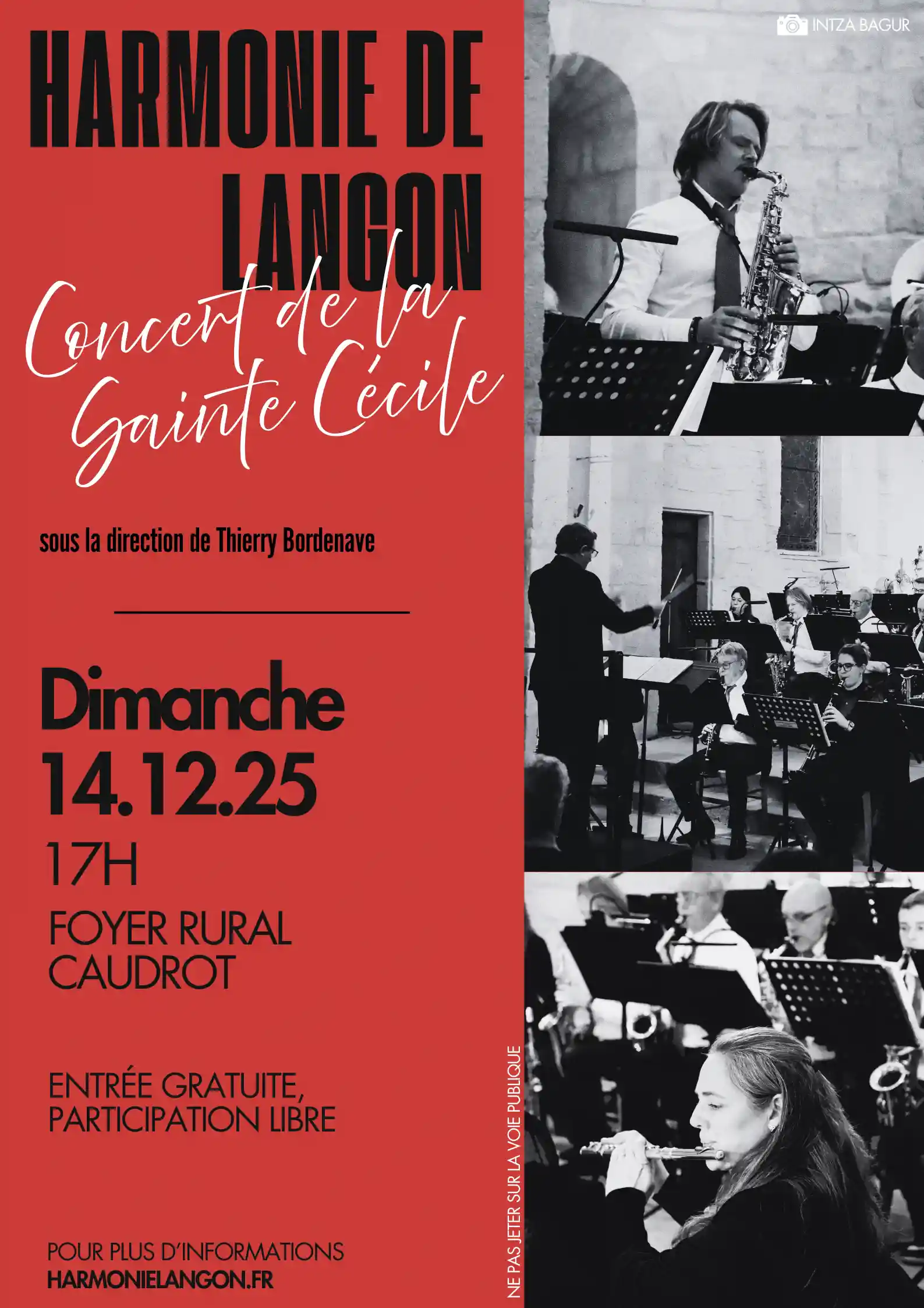 Affiche rouge et noire moderne pour le concert de la Sainte Cécile à Caudrot (déc 2025) avec photos de musiciens en noir et blanc
